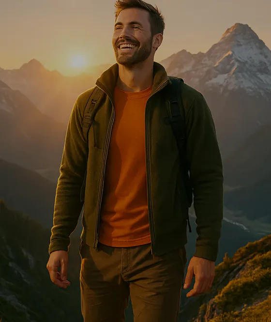Homme souriant sur un flanc de montagne au lever du soleil, sommet enneigé derrière lui